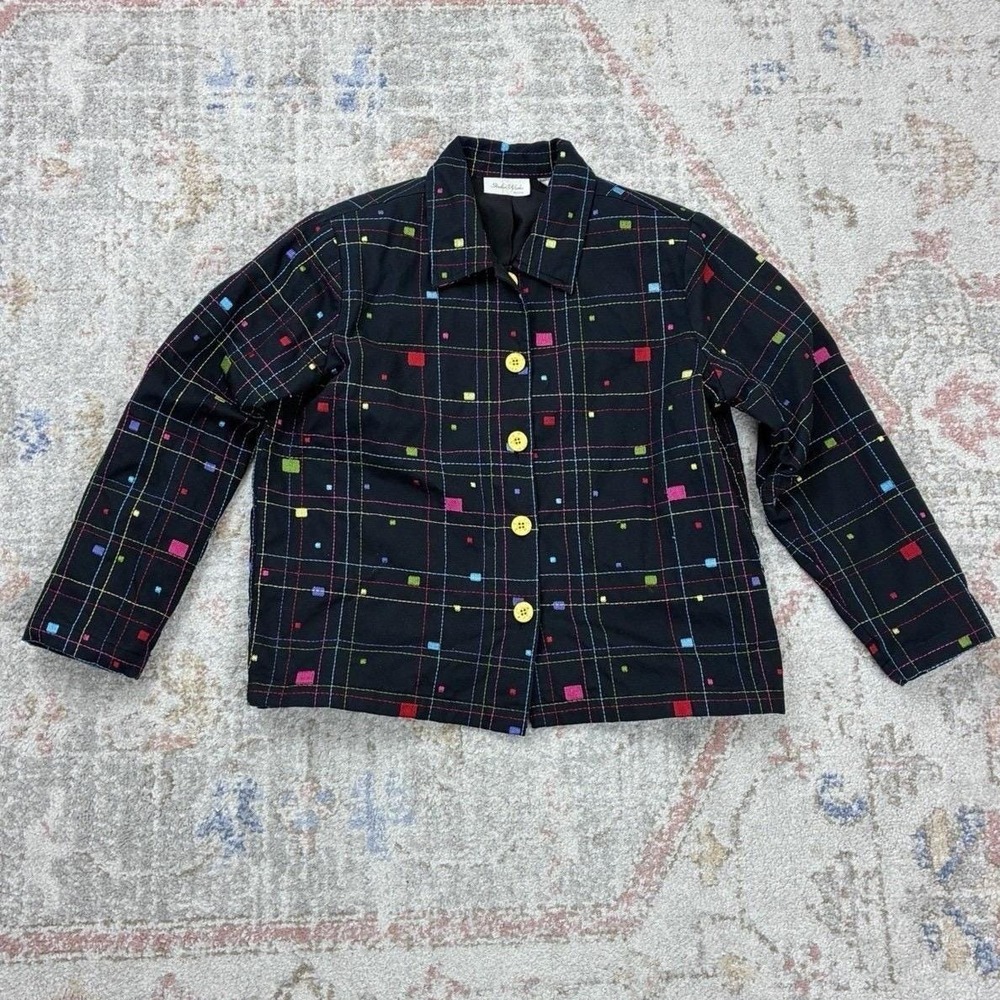 90s Harajuku Geometric Plaid Light Jacket Black Rainbow Neon Embroidered PM